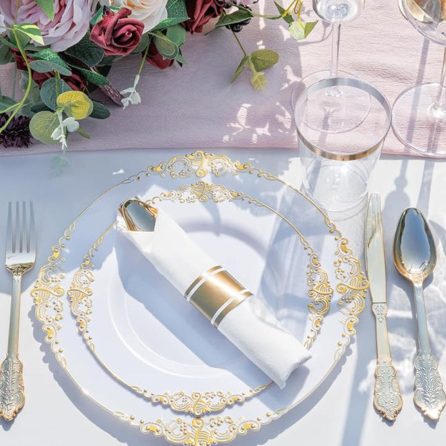 Nervure 350PCS Gold Plastic Plates - Gold Plastic Dinnerware Sets for 50 Guests - 100 Disposable Plates, 150 Silverware, 50 Cups, 50 Napkins for Wedding & Party