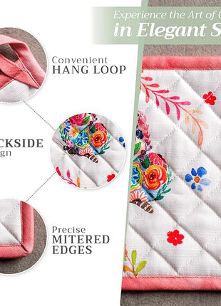 Maison d' Hermine 100% Cotton Oven Mitt & Pot Holder Set (7.5"x13" & 8"x8") Heat Resistant BBQ Cooking Gloves with Loop, Grilling, Kitchen, Handling Hot Pan Spring/Summer (Happy Florals - High Summer)