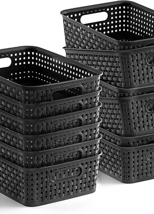 [ 12 Pack ] Plastic Storage Baskets, Small Pantry Organization and Storage Bins, Household Organizers for Laundry Room, Bathrooms, Kitchens, Cabinets, Countertop, Under Sink or Shelves, Black