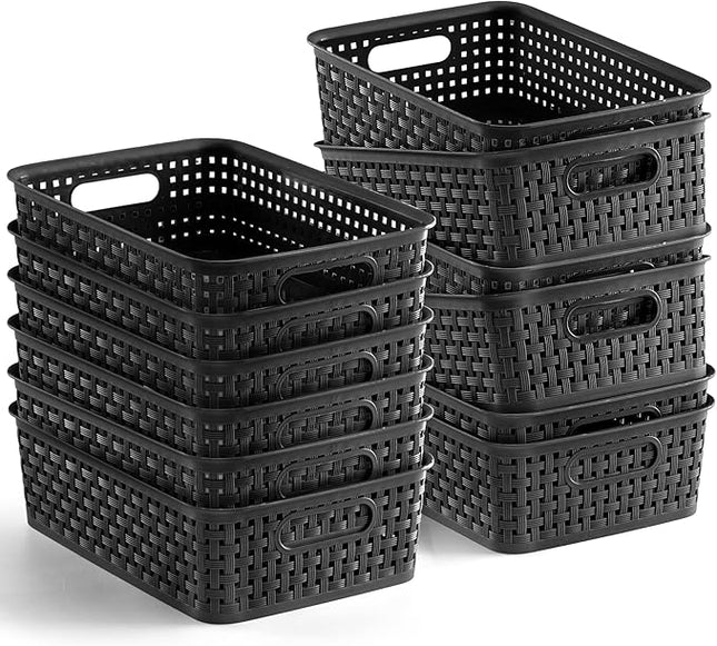 [ 12 Pack ] Plastic Storage Baskets, Small Pantry Organization and Storage Bins, Household Organizers for Laundry Room, Bathrooms, Kitchens, Cabinets, Countertop, Under Sink or Shelves, Black