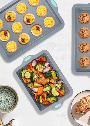 To encounter Silicone Baking Pans Set, 4 Pieces Nonstick Bakeware Set with Baking Pans, Baking Sheets, Cookie Sheets, Cake Pan with Metal Reinforced Frame More Strength, Light Grey