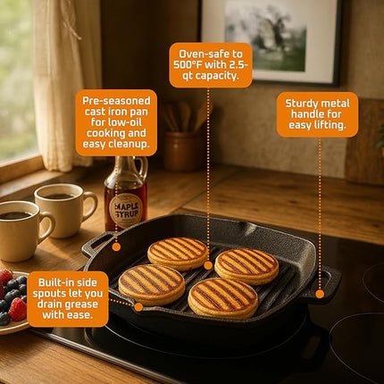 Bruntmor 13 Inch Cast Iron Pan Griddle - Pre-Seasoned Cast Iron Grill Pan for Stove Top and Outdoor Cooking - No Stick Grilling Pan with Ridges for Meats, Steaks and Vegetables - Induction Compatible