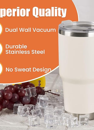 D·S 30oz Cream Tumbler Stainless Steel Insulated Travel Mug with Straw Lid Cleaning Brush (30oz Cream)