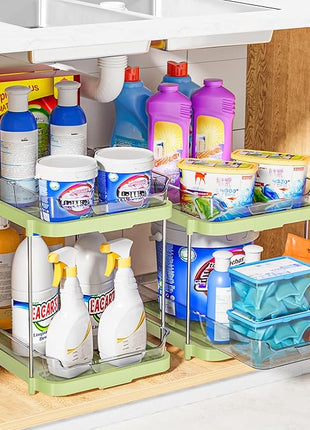 Delamu 2-Tier Multi-Purpose Bathroom Under Sink Organizers and Storage, Stackable Kitchen Pantry Organization, Pull Out Medicine Cabinet Organizer with Movable Dividers, Green, 2 Pack