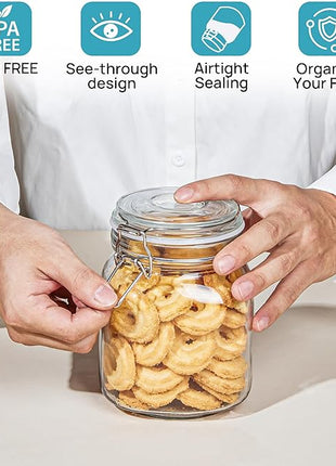 Vtopmart 34oz Glass Food Storage Jars with Airtight Clamp Lids, 3 Pack Kitchen Canisters for Flour, Cereal, Coffee, Pasta and Canning, Square Mason Jar with 8 Chalkboard Labels