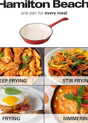 Hamilton Beach Enameled Cast Iron Fry Pan 8-Inch Red, Cream Enamel coating, Skillet Pan For Stove top and Oven, Even Heat Distribution, Safe Up to 400 Degrees, Durable