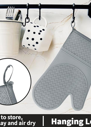 Hovico Silicone Oven Mitts, Heat Resistant 500F Kitchen Mitts 2PCS, 11.6" BPA-Free Soft Baking Gloves, Non-Slip Grip Oven Gloves with Soft Cotton Lining for Kitchen Cooking Baking BBQ - Gray