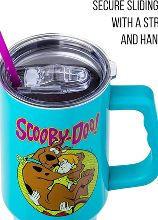 Silver Buffalo Scooby-Doo Featuring Scared Shaggy and Scooby Stainless Steel Tumbler with Handle and Straw, Fits in Standard Cup Holder, 40 Ounces