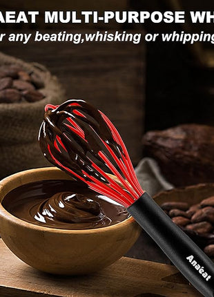 Anaeat Silicone Whisk, Thick Stainless Steel Wire Inner - Heat Resistant Kitchen Whisks for Non-Stick Cookware, Balloon Egg Beater for Whisking, Blending, Beating, Frothing & Stirring (Red)