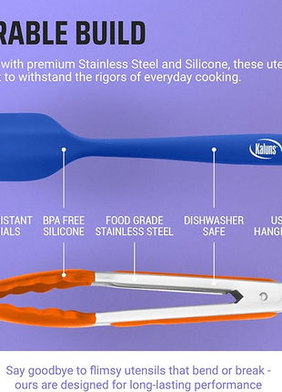 Kaluns Kitchen Tongs for Cooking Grilling Set of 4, BBQ Grill Tongs With Silicone Tip Stainless Steel Heat Resistant, Non-stick Pull Lock, Incl 7, 9, 12 Inch Tong Plus a Silicone Spatula