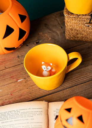 DIHOclub Fox Ceramic Cup Hidden 3D Animal Inside Mug,Cute Cartoon Handmade Figurine Mugs,Holiday and Birthday Gift for Coffee Milk Tea Lovers,12 OZ(Yellow)