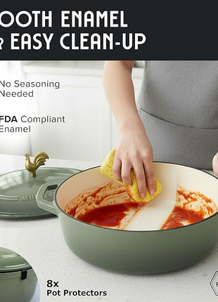MUELLER HOME 5.5 Quart Enameled Cast Iron Oval Dutch Oven w Rooster Knob & Cotton Potholders, Heavy-Duty Cookware, Oven-Safe up to 500° F & Across All Cooktops, Gifts for Grandma & Women, Thyme Green