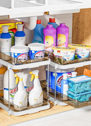 Delamu 2-Tier Multi-Purpose Bathroom Under Sink Organizers and Storage, Stackable Kitchen Pantry Organization, Pull Out Medicine Cabinet Organizer with Movable Dividers, Amber, 2 Pack