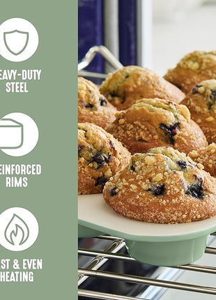 GreenLife 12-Cup Muffin Pan, PFAS-Free Healthy Nonstick Baking Tray, 11.4" x 1.9" x 15.9", Durable Ceramic Bakeware, Cupcakes, Egg Bites, Tarts, Brownies, Sage