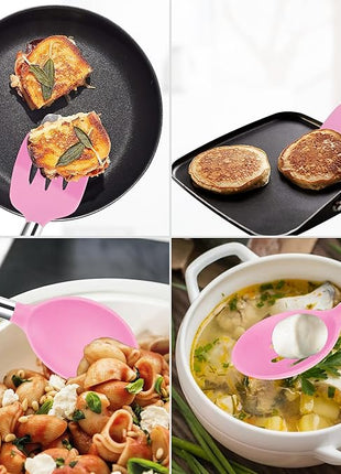 Silicone Spatula Spoon Set, 4 PCS Silicone Cooking Utensils Spatula Spoon Set with Stainless Steel Handle, BPA Free Kitchen Turners for Frying, Mixing, Serving, Draining, Turning, Stirring, Pink