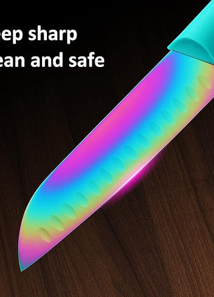 Knife Set with Spoons, KYA37B Knife Sets with Blade Guards and Measuring Spoons, Marco Almond® Rainbow Color 17-Piece Stainless Steel Kitchen Knives Set with Covers