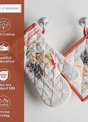 Maison d' Hermine 100% Cotton Oven Mitt & Pot Holder Set (7.5"x13" & 8"x8") Heat Resistant BBQ Cooking Gloves with Loop, Baking, Grilling, Kitchen, Handling Hot Pans Spring/Summer (Campagne)