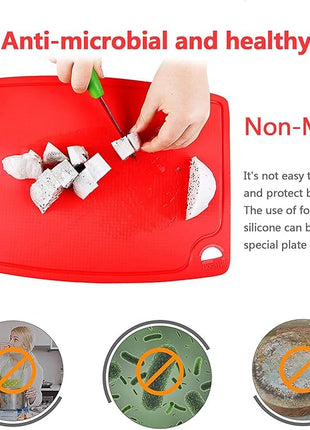 Liflicon Thick Silicone Cutting Board 12.6'' x 9.1'' Juice Grooves Easy Grip Handle Dishwasher Safe-Red