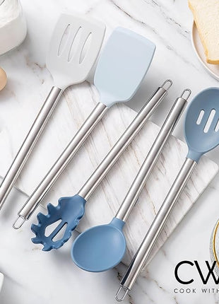 COOK WITH COLOR Silicone Cooking Utensils, Kitchen Utensil Set, Easy to Clean Silicone Kitchen Utensils, Cooking Utensils for Nonstick Cookware, Kitchen Gadgets Set, 5 Pieces, Blue and White