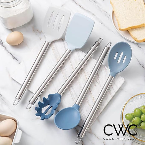 COOK WITH COLOR Silicone Cooking Utensils, Kitchen Utensil Set, Easy to Clean Silicone Kitchen Utensils, Cooking Utensils for Nonstick Cookware, Kitchen Gadgets Set, 5 Pieces, Blue and White
