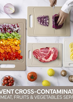 COOK WITH COLOR Non-Slip Cutting Board Set – Kitchen Essentials with Easy Grip Handle for Meat, Veggies, and Fruits, 4 Cutting Boards, Brown