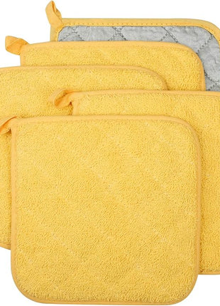 100% Cotton Kitchen Everyday Basic Terry Pot Holder Heat Resistant Coaster Potholder for Cooking and Baking Set of 5 Yellow