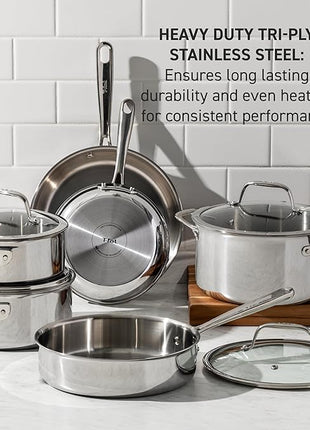 T-Fal Pro Tri-Ply Stainless Steel Cookware Set, 3-Piece Induction Cookware, Oven Safe 500F, Fast & Even Heat, Professional Quality, Durable Pots and Pans Set, Fry Pan, Silver