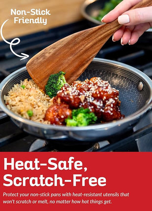 Boxiki Kitchen Luxury Teak Wood Utensil Set - Elegant 6-Piece Cooking Ensemble Including Spoons, Server, Scraper & Spatula - Expertly Crafted for Culinary Excellence