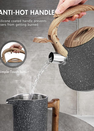 POLIVIAR Tea Kettle, 2.7 Quart Natural Stone Finish with Wood Pattern Handle Loud Whistle Food Grade Stainless Steel Teapot, Anti-Hot Handle and Anti-Rust, Suitable for All Heat Sources (JX2018-GR20)