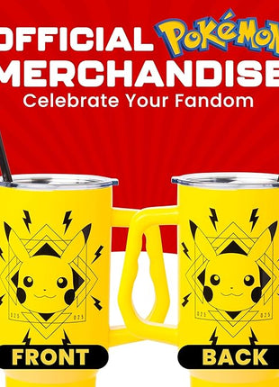 Silver Buffalo Pokémon Lightning Stainless Steel Tumbler with Handle Featuring Pikachu, Fits in Standard Cup Holder, 40 Ounces