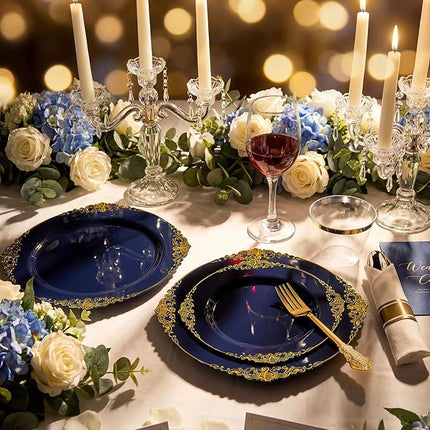 Nervure 350Pcs Blue Plastic Plates - Blue Gold Plastic Dinnerware Sets for 50 Guests - 100 Navy Gold Disposable Plates, 50 Pre Rolled Silverware, 50 Cups Perfect for Wedding & Party