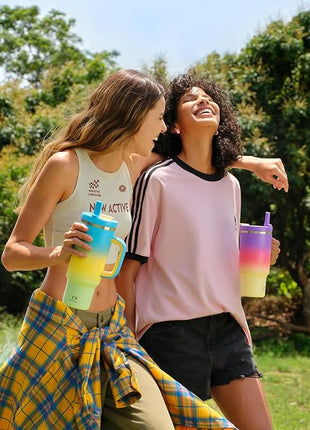 32 oz Tumbler with Handle and Straw: Stainless Steel Insulated Tumbler Keeps Cold for 24 Hours, Leakproof Travel Cup Fits in Cup Holder and BPA-Free, Peach Dream