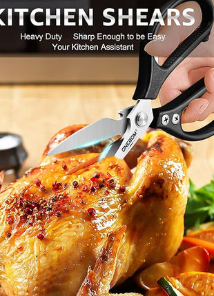 ONEBOM Kitchen Scissors 2 Pack, Heavy Duty All Purpose Shears for Cutting Meat, Fish, Poultry, Dishwasher Safe, Stainless Steel with Blade Kitchen Salad Scissors (Black)
