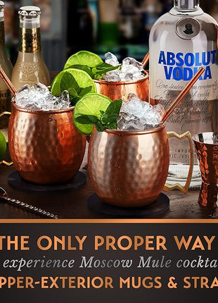 Gift Set Moscow Mule Mugs Set of 4 16 oz Copper Plated Stainless Steel 4 Straws 4 Coasters Jigger Shot Glass Stirring Spoon, Cleaning Brush