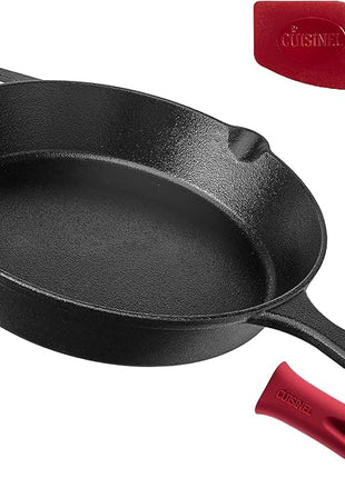 Cuisinel Cast Iron Skillet - 12"-Inch Frying Pan with Assist Handle + Red Silicone Grip Cover - Pre-Seasoned Oven Safe Cookware - Indoor/Outdoor Use - Grill, Stovetop, Induction, BBQ and Firepit Safe