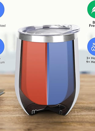 DOMICARE Stainless Steel Wine Tumbler Bulk with Lid, Personalized White Insulated Tumblers Set, 12oz Travel Coffee Cups Pack of 4