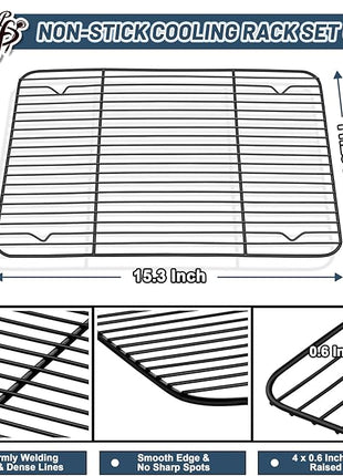 P&P CHEF Cooling Baking Rack Pack of 2, Stainless Steel Cooling Racks for Cooking Baking Roasting Grilling Drying, Dense Wires & Smooth Edge, Easy to clean, Black,15.3" x 11.25"