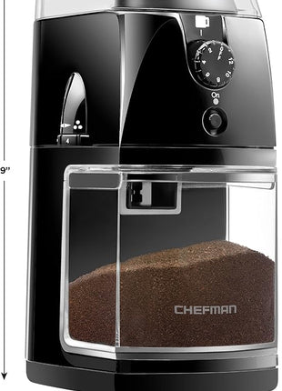 Chefman Coffee Grinder Electric Burr Mill - Freshly Grinds Up to 2.8oz Beans, Large Hopper with 17 Grinding Options for 2-12 Cups, Easy One Touch Operation, Cleaning Brush Included, Black