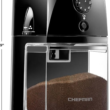 Chefman Coffee Grinder Electric Burr Mill - Freshly Grinds Up to 2.8oz Beans, Large Hopper with 17 Grinding Options for 2-12 Cups, Easy One Touch Operation, Cleaning Brush Included, Black