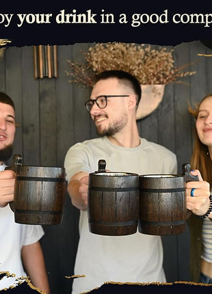 Set of 6 Beer Mug 20 OZ - Tankard Mug - Beer stein - Wooden beer mug - Stainless Steel Cup - Handmade Gifts for Men - Fathers Day, Christmas or Birthday Gift Idea - Barrel Brown