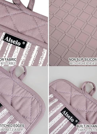 Silicone Pot Holders Set of 3 Heat Resistant & Non Slip Potholders, Professional Oven Hot Pads with Pockets Mitts for Kitchen Cooking Baking Barbecue (3, Purple)