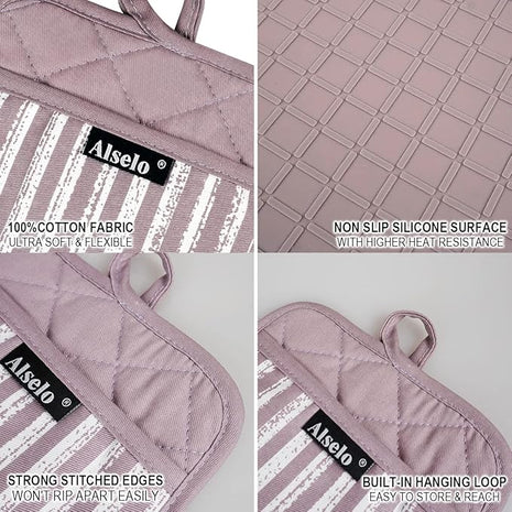 Silicone Pot Holders Set of 3 Heat Resistant & Non Slip Potholders, Professional Oven Hot Pads with Pockets Mitts for Kitchen Cooking Baking Barbecue (3, Purple)