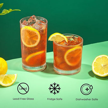 JoyJolt Alain Drinking Glasses Set of 8 Glass Tumblers. Highball 14oz Bar Glasses and Lowball 10oz Rocks Glasses Set. Cocktail, Juice, Whiskey Glasses or Water Glasses. Kitchen or Bar Glassware Set