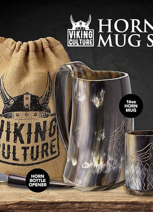 Viking Culture Ox Horn Mug, Shot Glass, and Bottle Opener (3 Pc. Set) Authentic 16-oz. Ale, Mead, and Beer Tankard | Vintage Stein with Handle | Custom Intricate Design - Polished Finish | The Ring