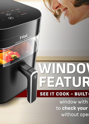 T-fal Infrared Air Fryer, 2x Faster Than Traditional Heating*, Large Air Fryer Dehydrator Combo, 8 Cooking Functions, Window With Light, No-Shake Technology, Dishwasher Safe, 1800W, Black