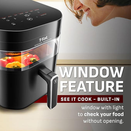 T-fal Infrared Air Fryer, 2x Faster Than Traditional Heating*, Large Air Fryer Dehydrator Combo, 8 Cooking Functions, Window With Light, No-Shake Technology, Dishwasher Safe, 1800W, Black