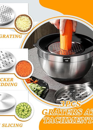 Umite Chef Mixing Bowls with Airtight Lids, 26Pcs Stainless Steel Bowls Set, 3 Grater Attachments & Black Non-Slip Bottoms Size 7, 4, 2.5, 2.0,1.5, 1QT, Great for Mixing & Serving