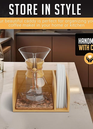 HEXNUB – Caddy for Pour Over Coffee Maker, Bamboo Stand fits Chemex, Bodum, Cosori Coffee Carafes, Heatproof Mat, Filter Holder for Drip Coffee Maker - Cork Mat