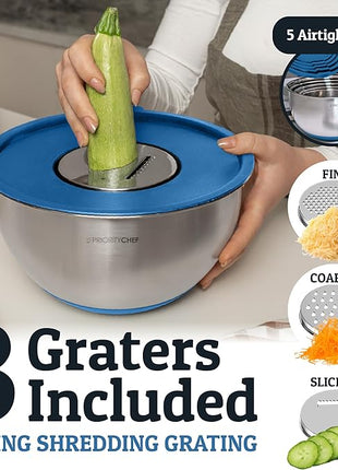Priority Chef Stainless Steel Mixing Bowls with Lids Set, 3 Grater Attachments, Airtight Lids, Non-Slip Silicone Base Mixing Bowl Set, Large Prep Metal Mixing Bowls for Kitchen, Blue