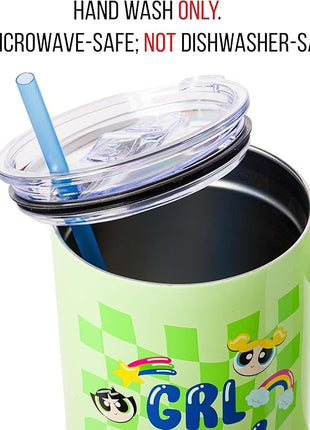 Silver Buffalo Powerpuff Girls Girl Power Groovy Retro Featuring Blossom, Bubbles, and Buttercup Stainless Steel Tumbler with Handle and Straw, Fits in Standard Cup Holder, 40 Ounces